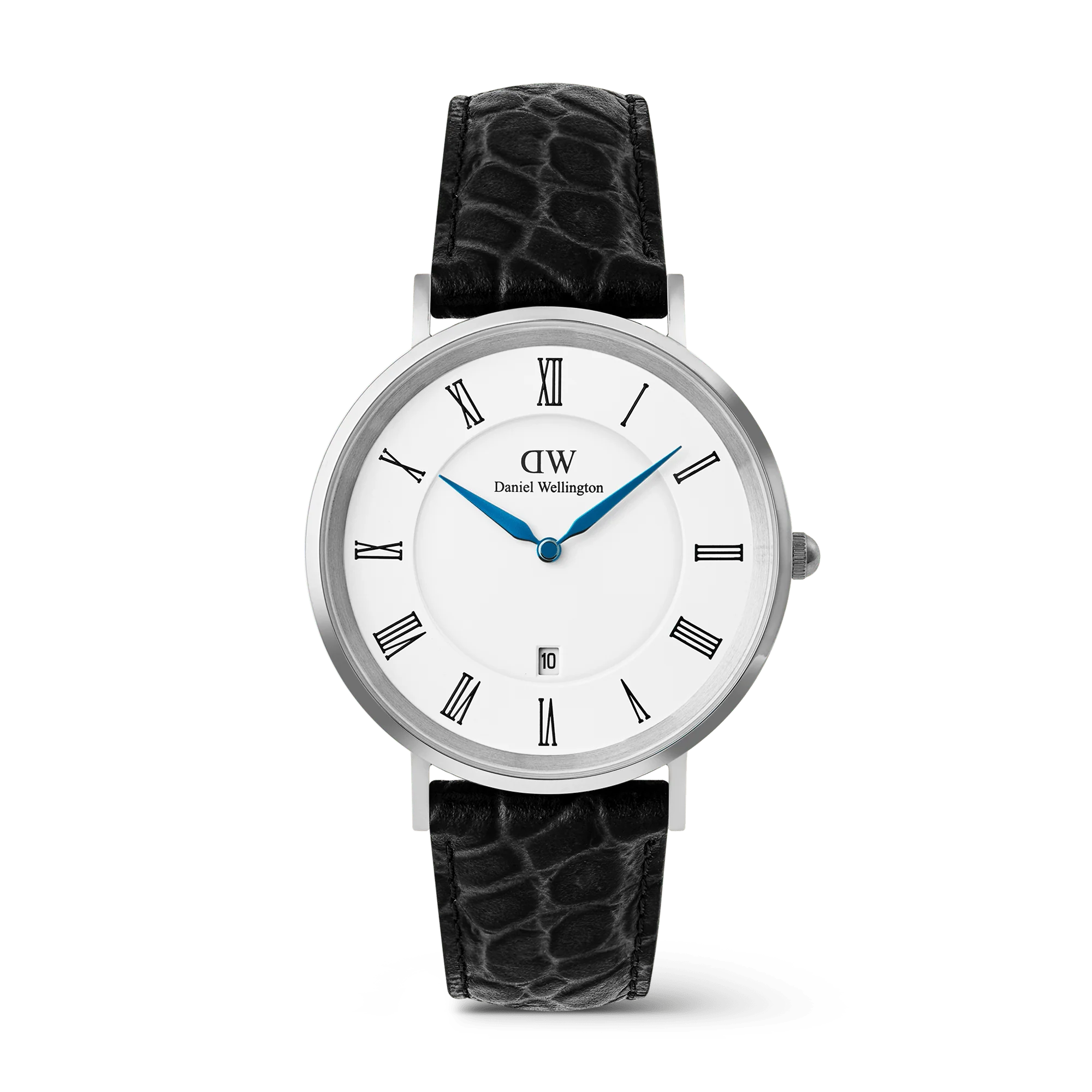 Classic Roman Numerals Date Black Croc Belly Silver